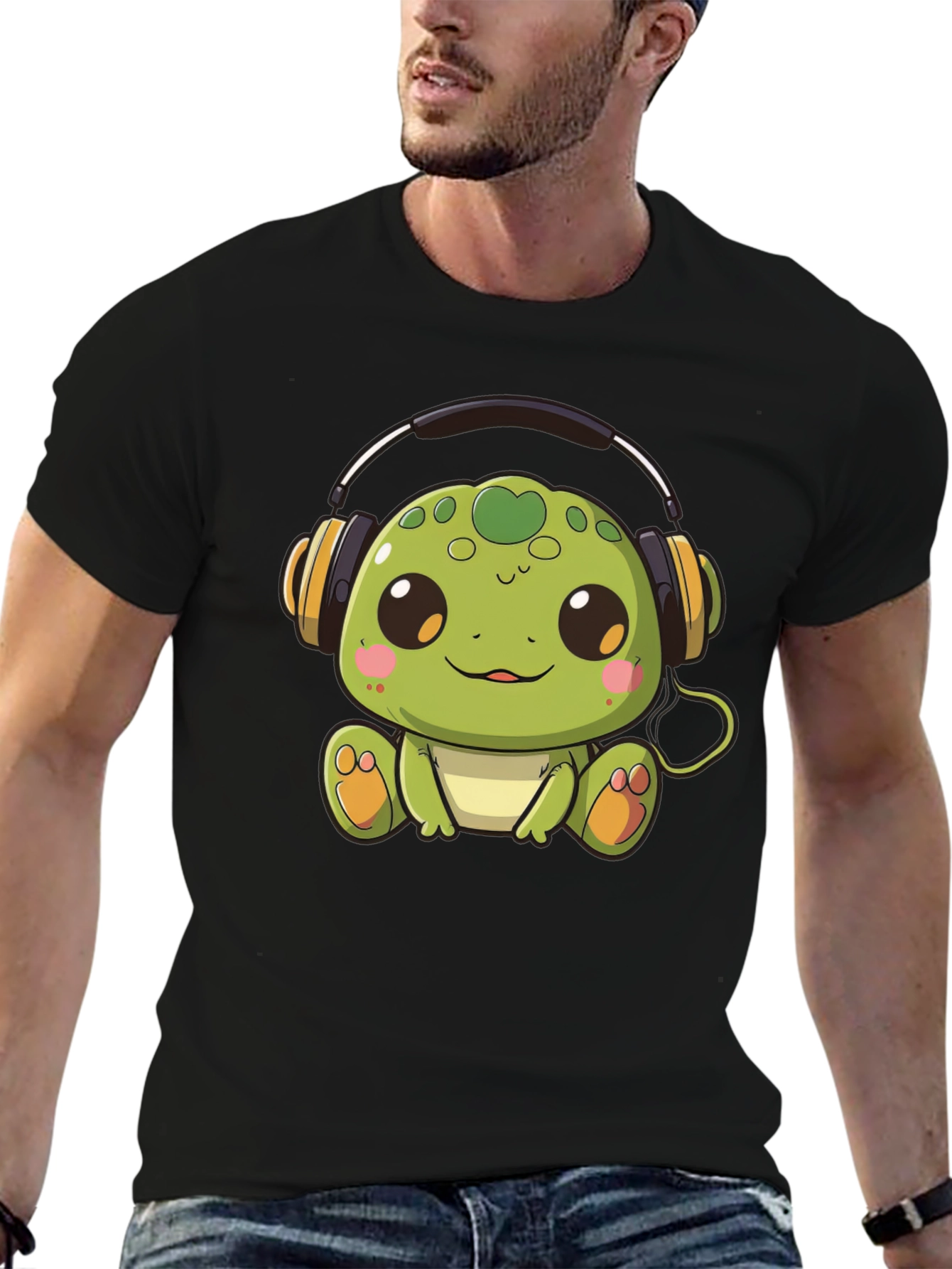 Cute Turtle with Headphones Black T-Shirt