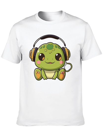 Cute Turtle with Headphones Black T-Shirt