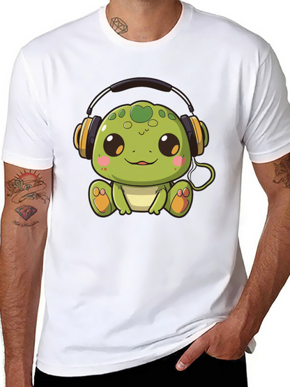 Cute Turtle with Headphones Black T-Shirt