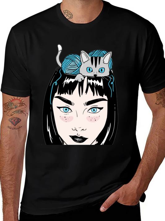Cat & Yarn Girl Graphic T-Shirt - Unique Art Tee