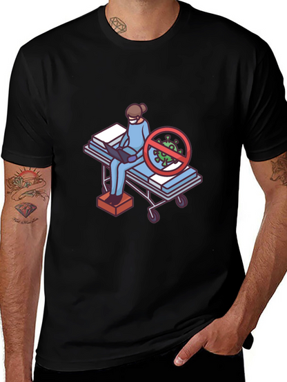Black T-Shirt with Medical Cartoon Graphic