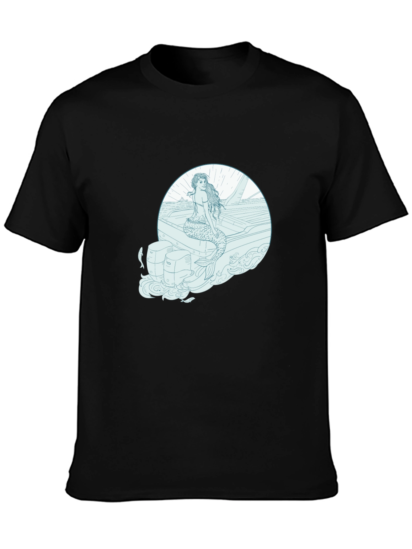 Mermaid on Boat Graphic Tee - Black Cotton T-Shirt