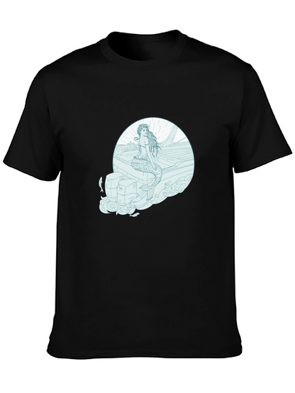 Mermaid on Boat Graphic Tee - Black Cotton T-Shirt