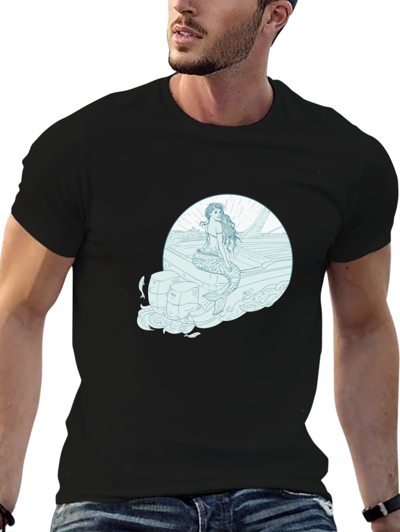 Mermaid on Boat Graphic Tee - Black Cotton T-Shirt