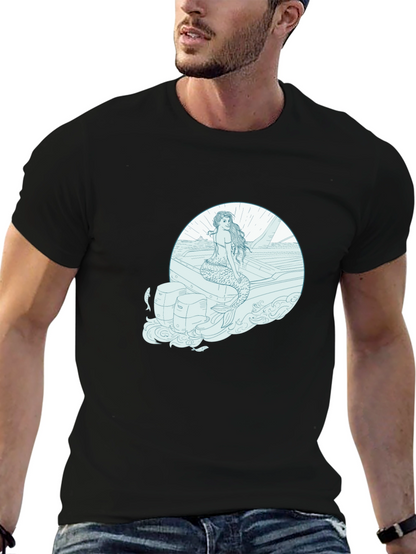 Mermaid on Boat Graphic Tee - Black Cotton T-Shirt