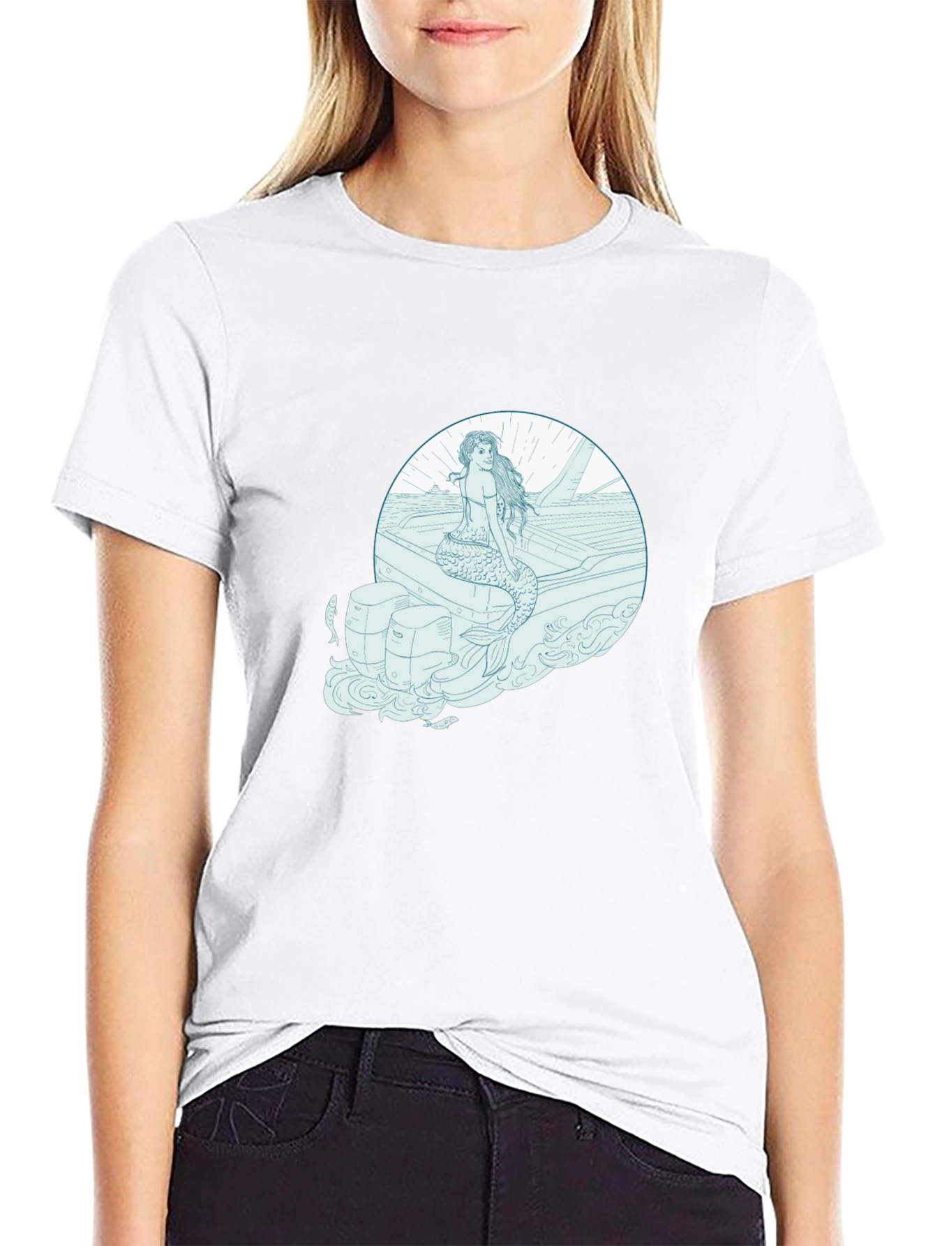 Mermaid on Boat Graphic Tee - Black Cotton T-Shirt