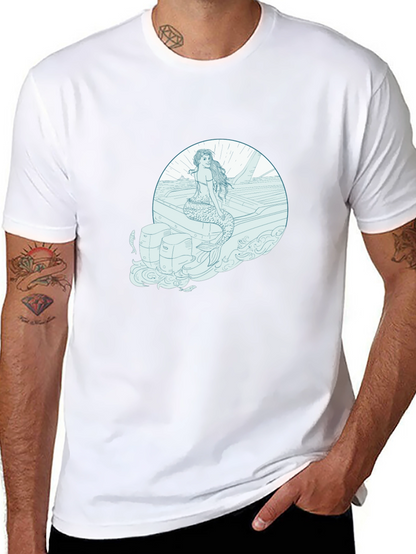 Mermaid on Boat Graphic Tee - Black Cotton T-Shirt