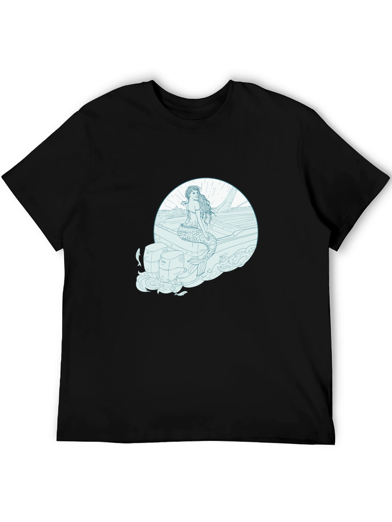 Mermaid on Boat Graphic Tee - Black Cotton T-Shirt