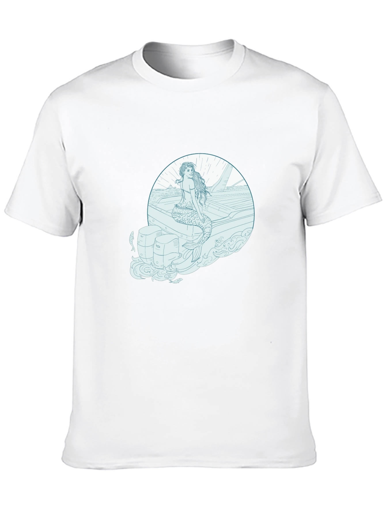Mermaid on Boat Graphic Tee - Black Cotton T-Shirt