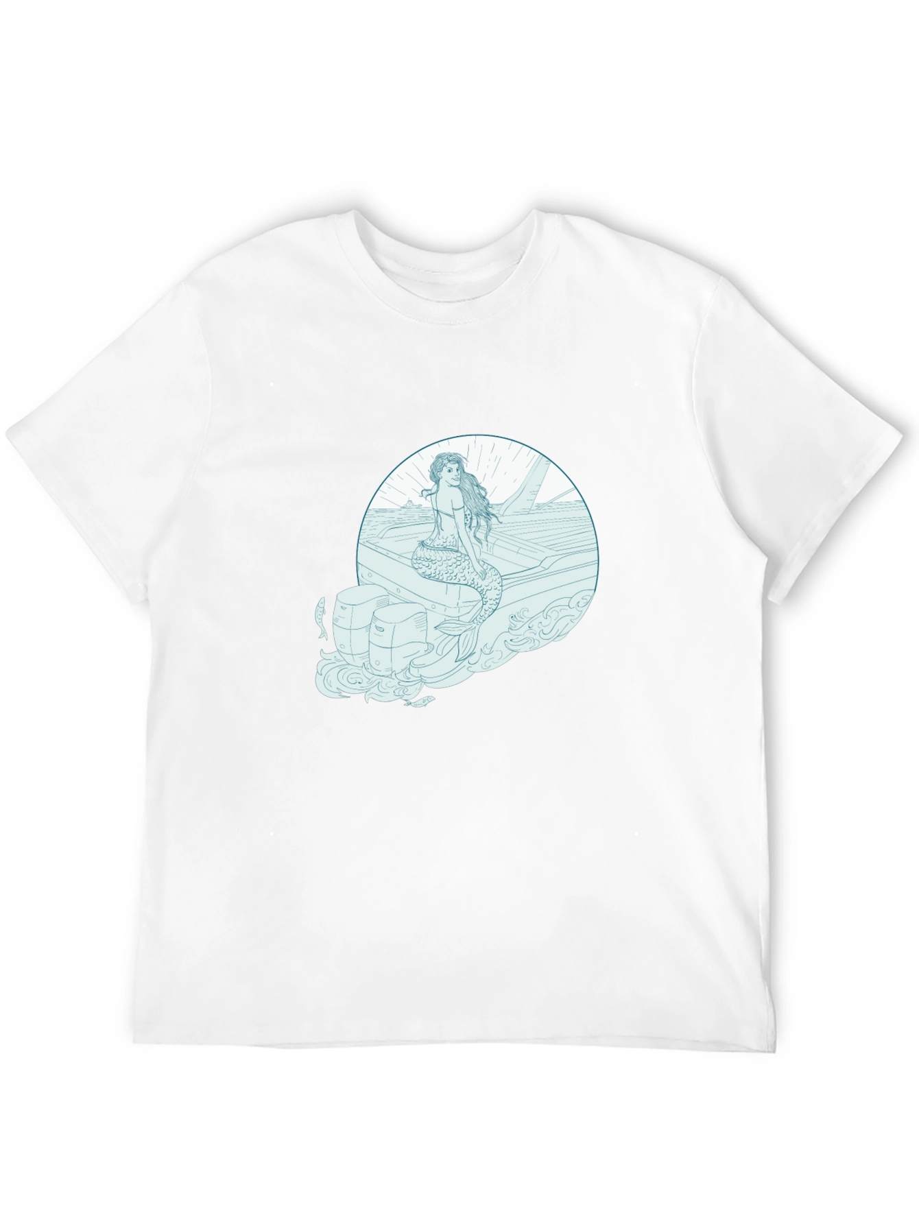 Mermaid on Boat Graphic Tee - Black Cotton T-Shirt