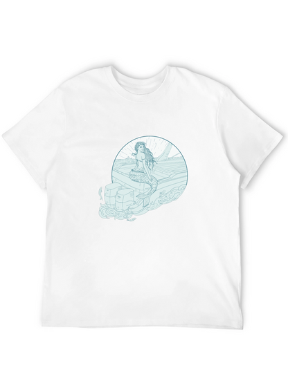 Mermaid on Boat Graphic Tee - Black Cotton T-Shirt