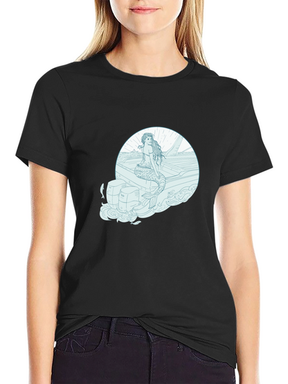 Mermaid on Boat Graphic Tee - Black Cotton T-Shirt