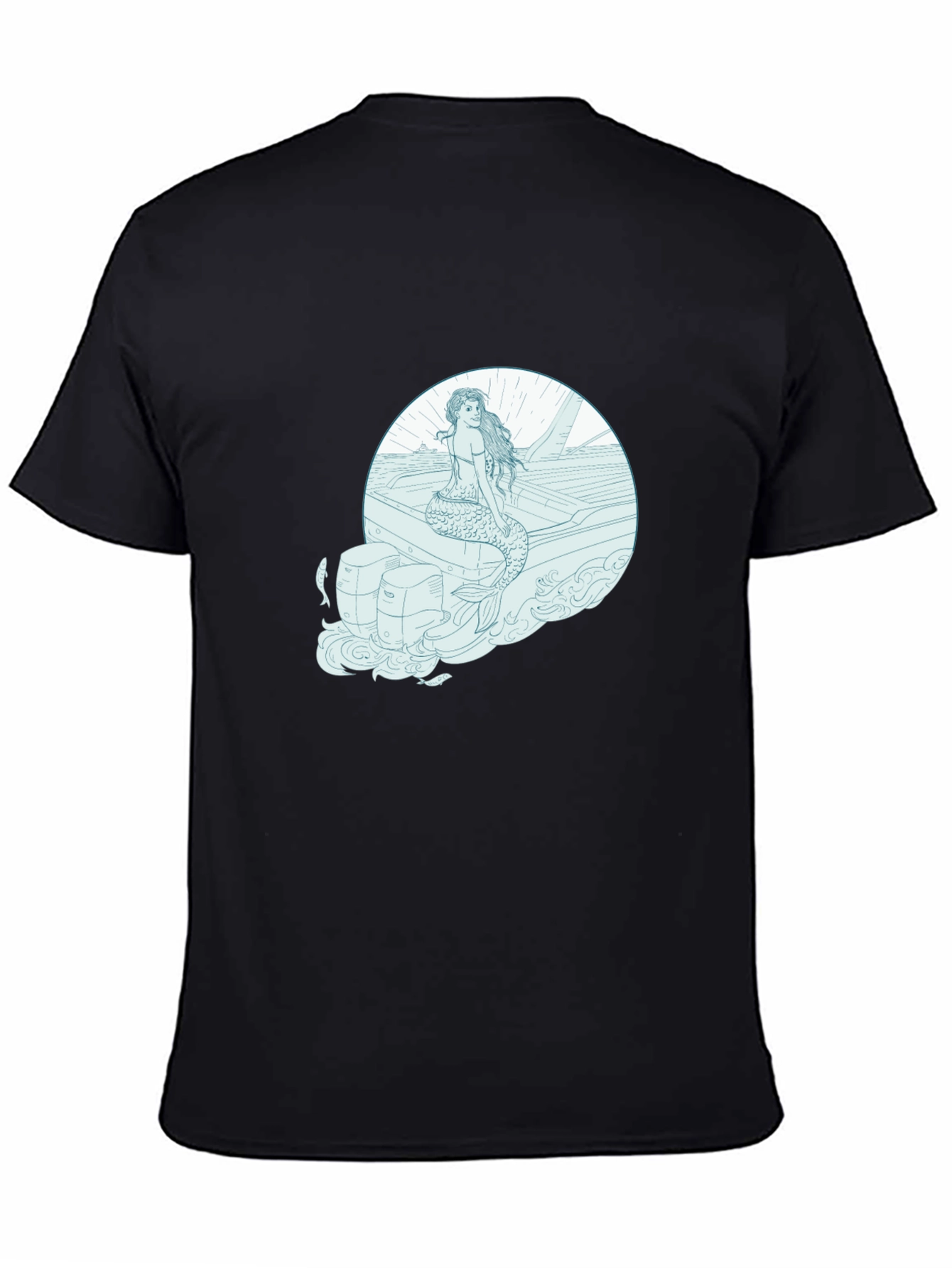 Mermaid on Boat Graphic Tee - Black Cotton T-Shirt