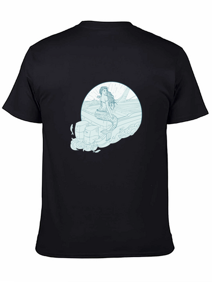 Mermaid on Boat Graphic Tee - Black Cotton T-Shirt