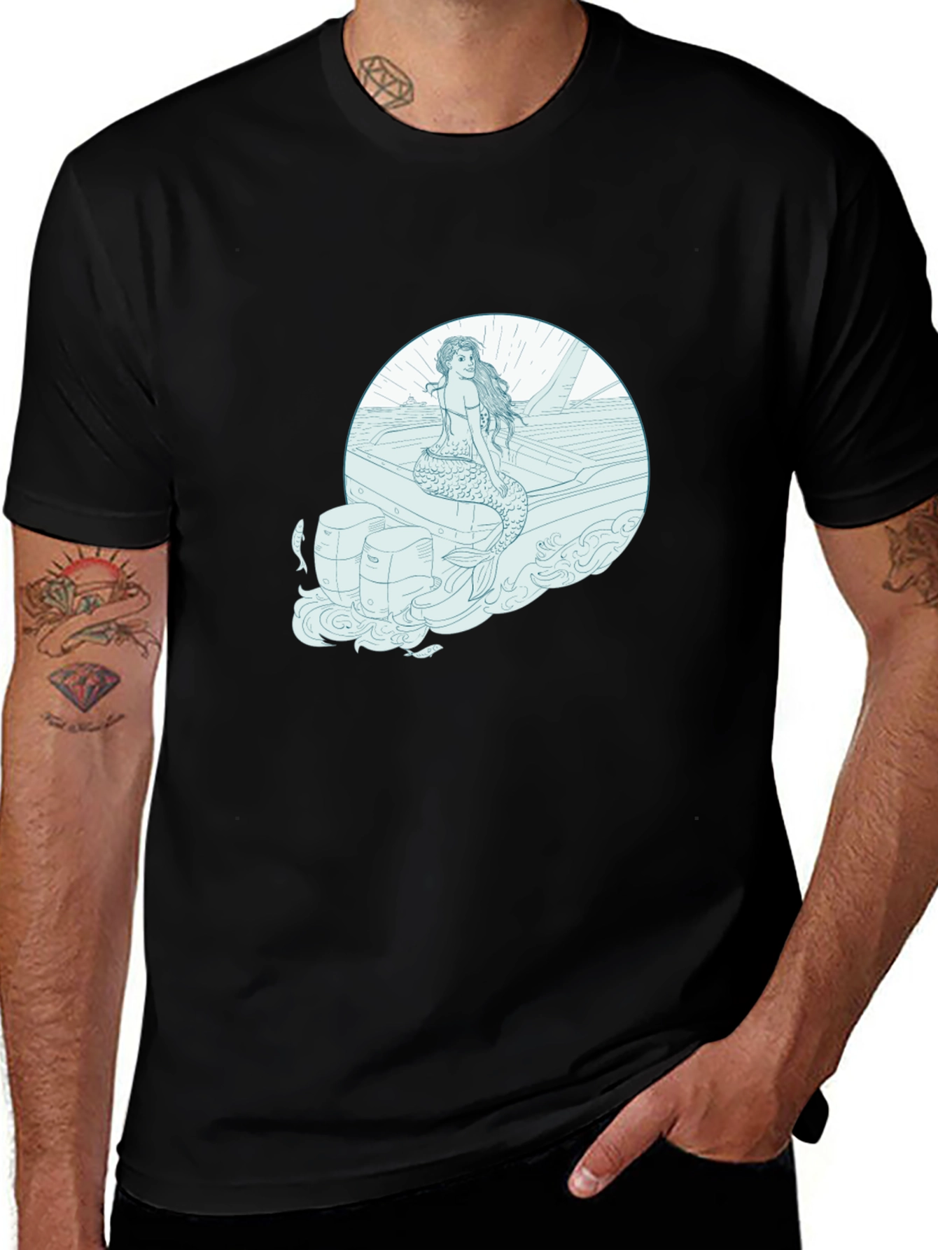 Mermaid on Boat Graphic Tee - Black Cotton T-Shirt