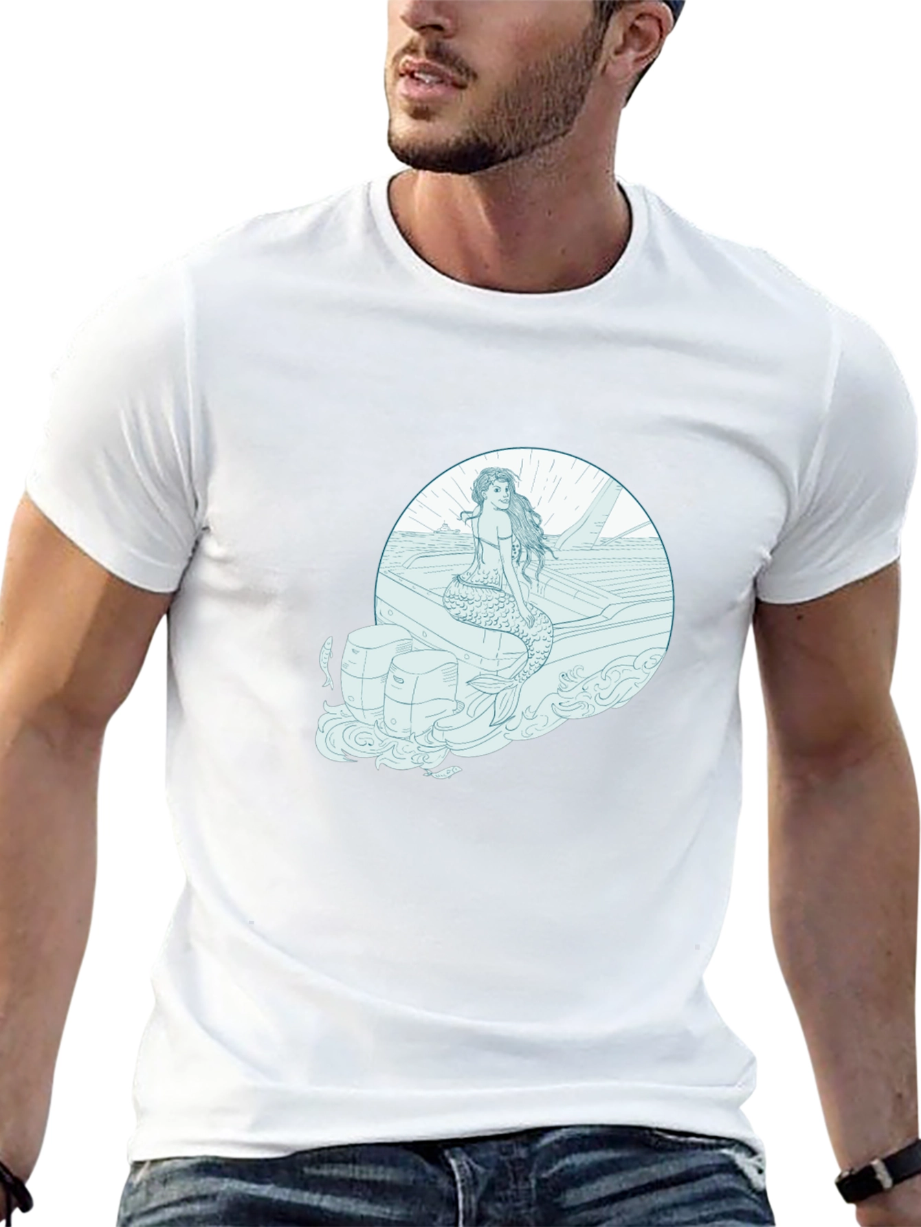 Mermaid on Boat Graphic Tee - Black Cotton T-Shirt
