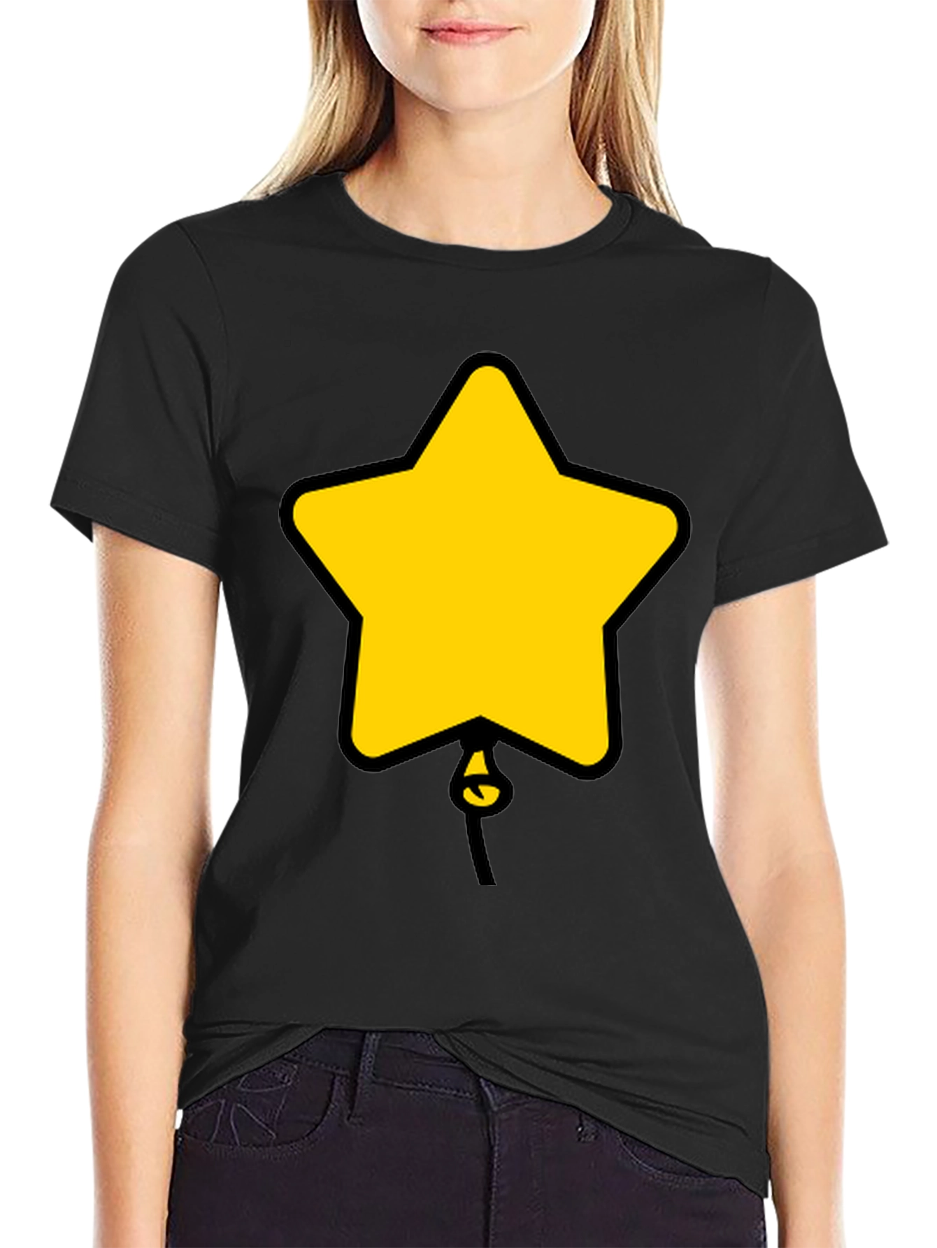 Star Balloon Graphic Tee - Black Cotton Casual