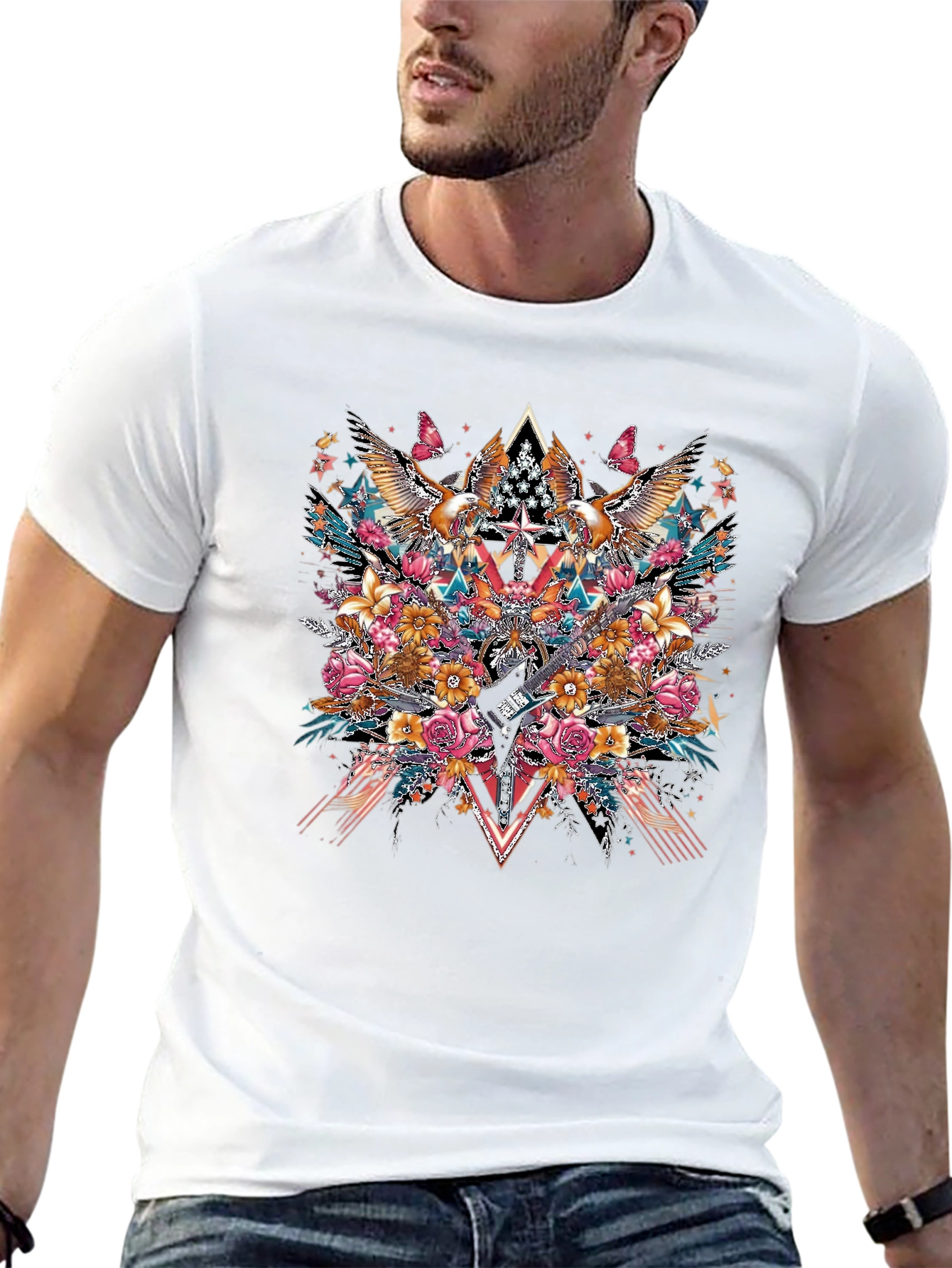 Floral Eagle Guitar Graphic Black T-Shirt
