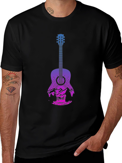 Guitar Landscape Graphic Tee - Mountain Sunset Design