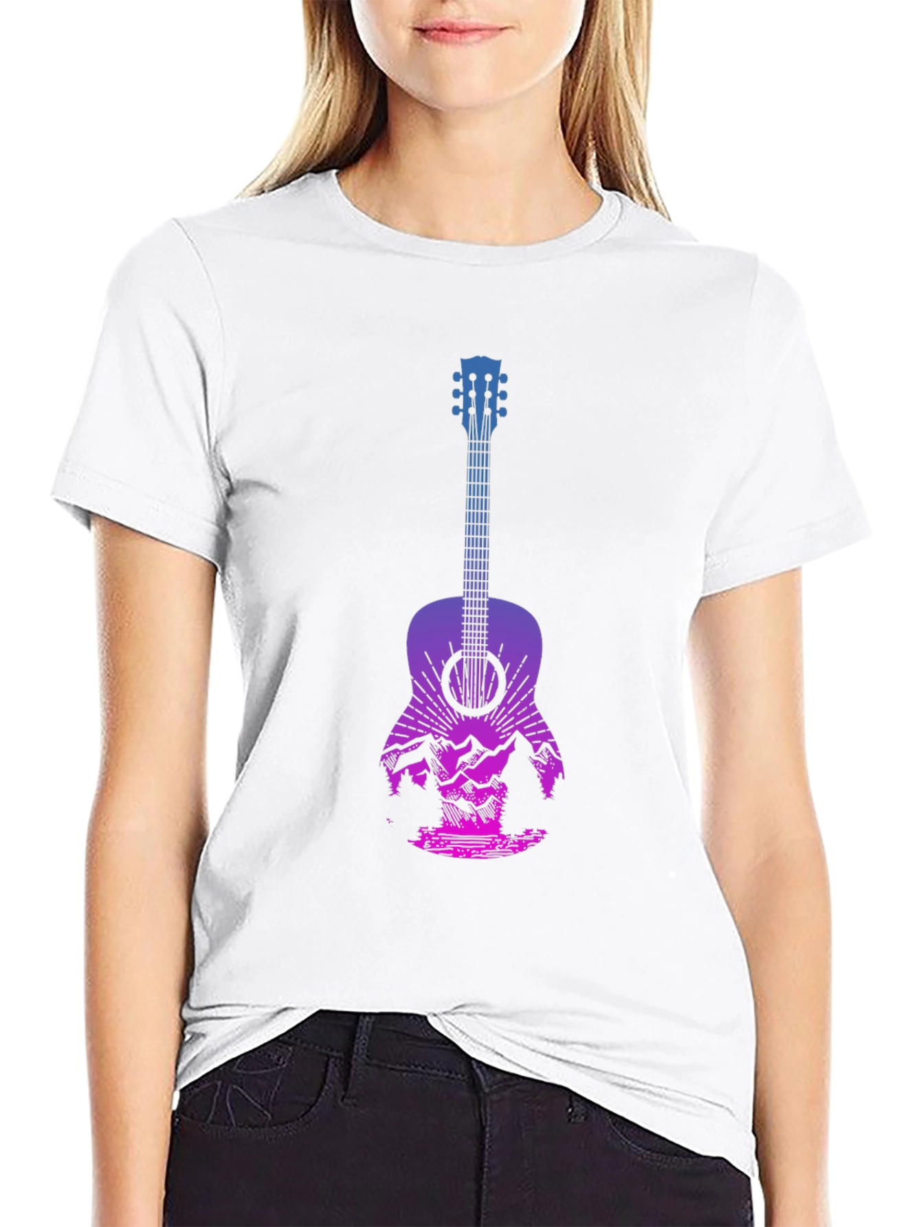 Guitar Landscape Graphic Tee - Mountain Sunset Design
