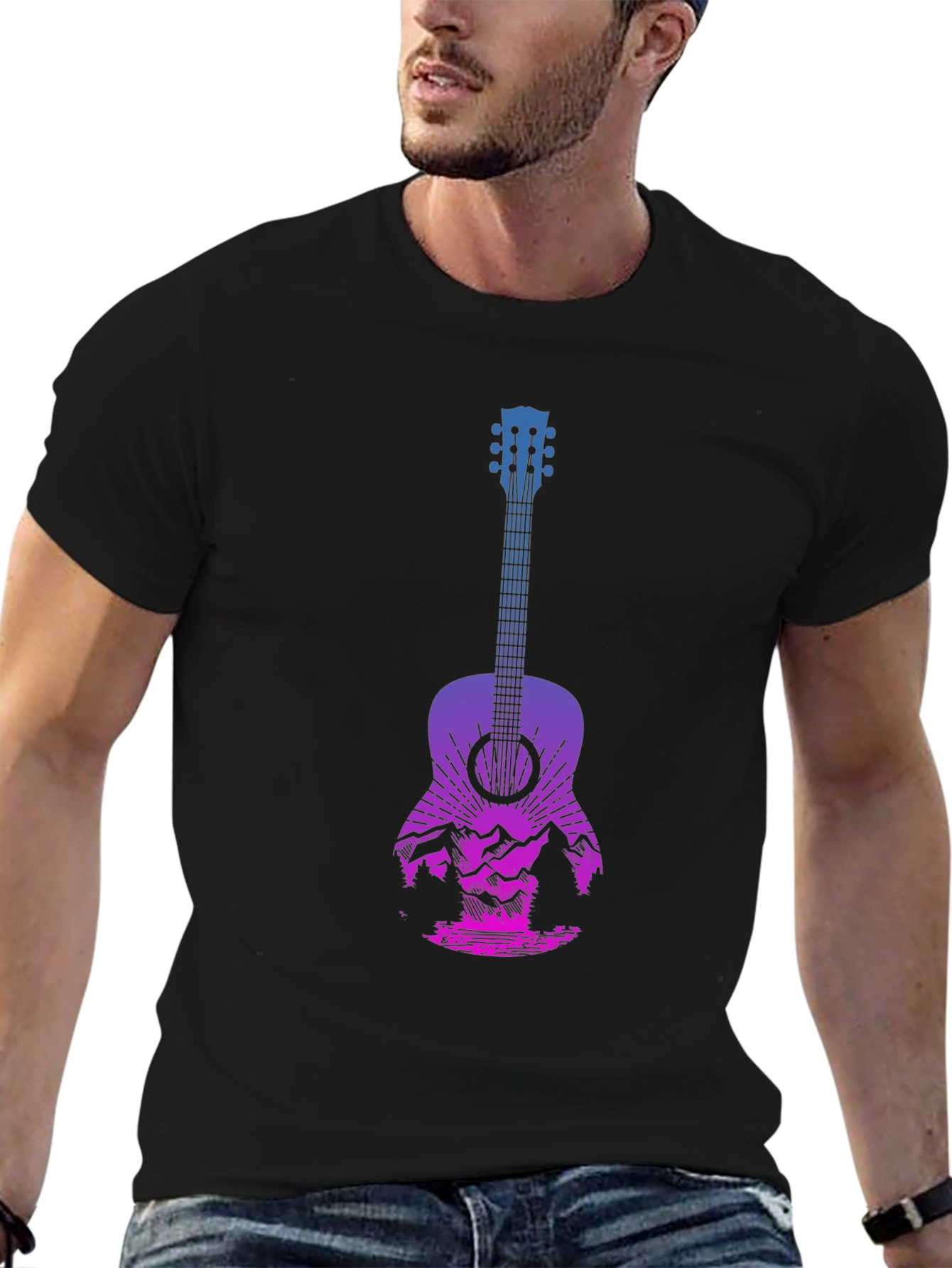 Guitar Landscape Graphic Tee - Mountain Sunset Design