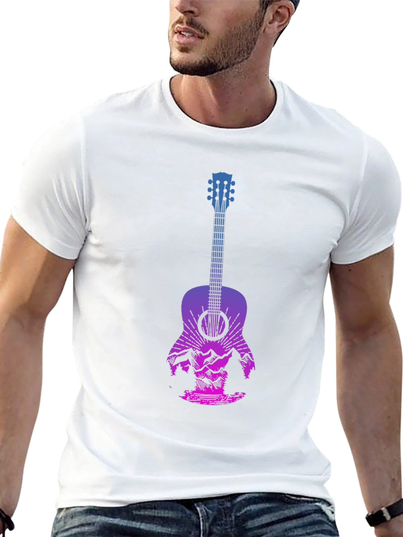 Guitar Landscape Graphic Tee - Mountain Sunset Design