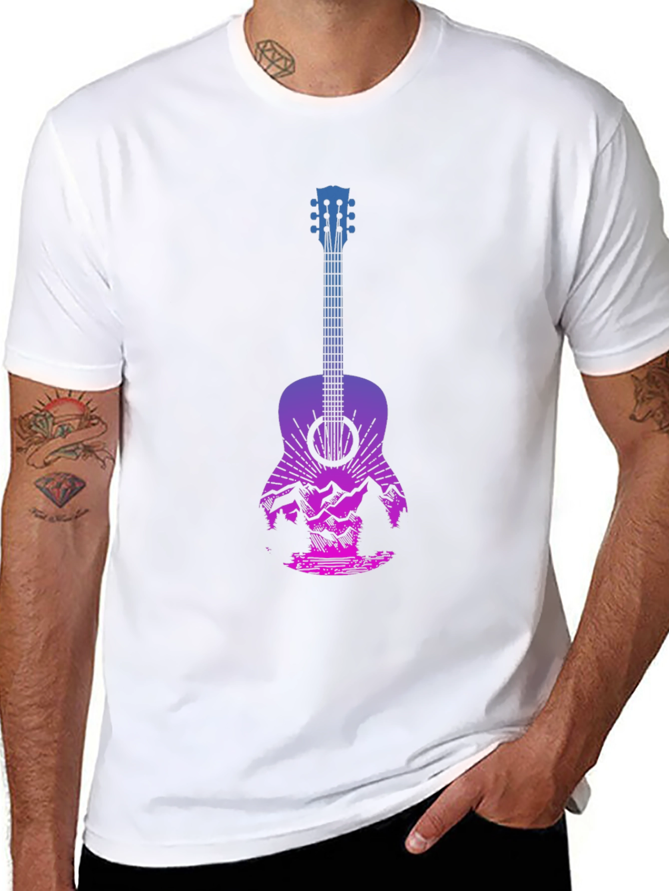 Guitar Landscape Graphic Tee - Mountain Sunset Design
