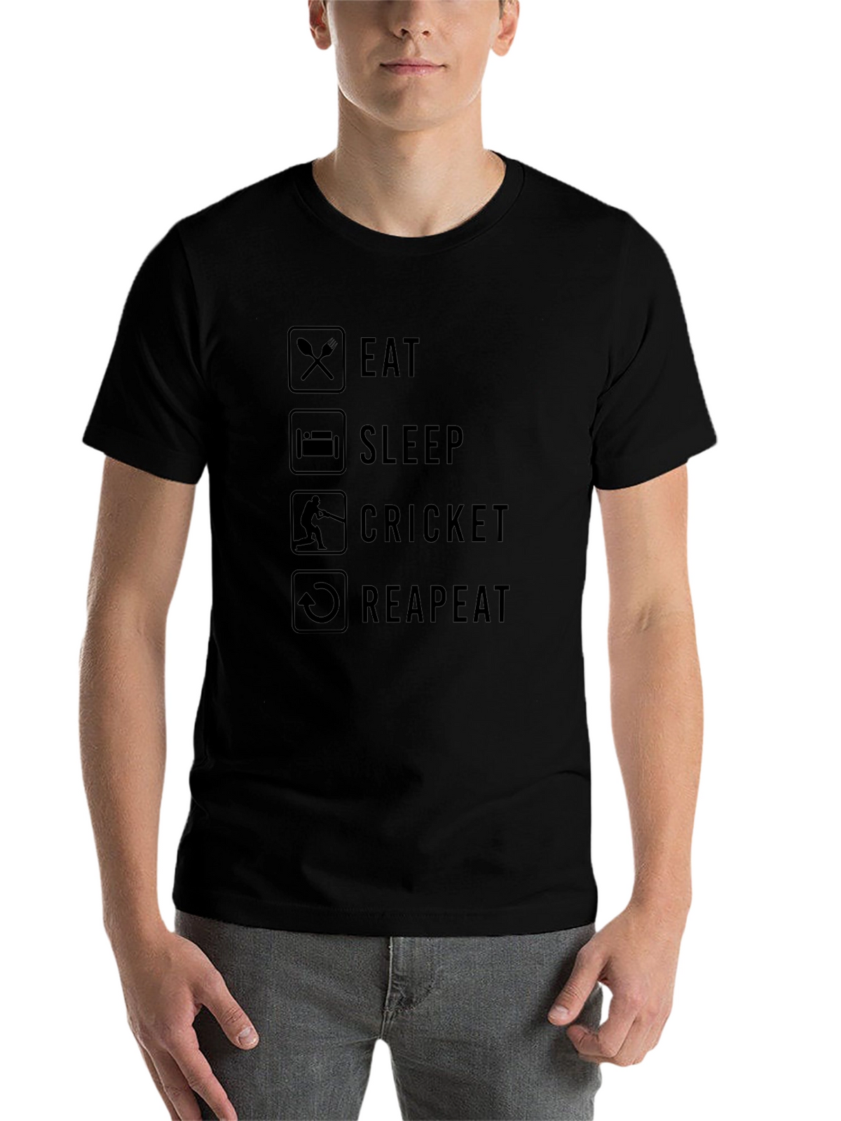 Eat Sleep Cricket Repeat Black Graphic T-Shirt