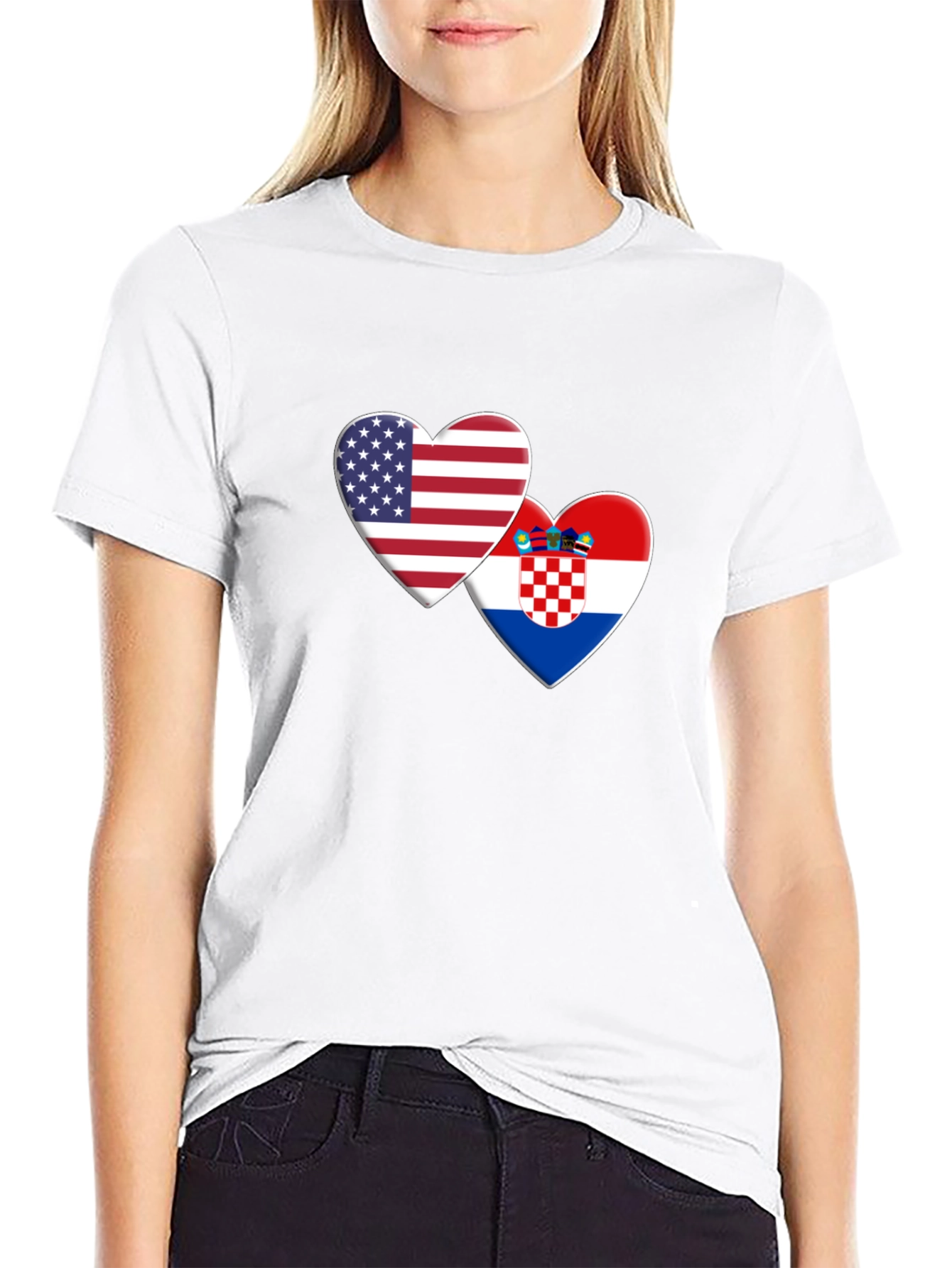 USA and Croatia Flag Hearts Graphic T-Shirt