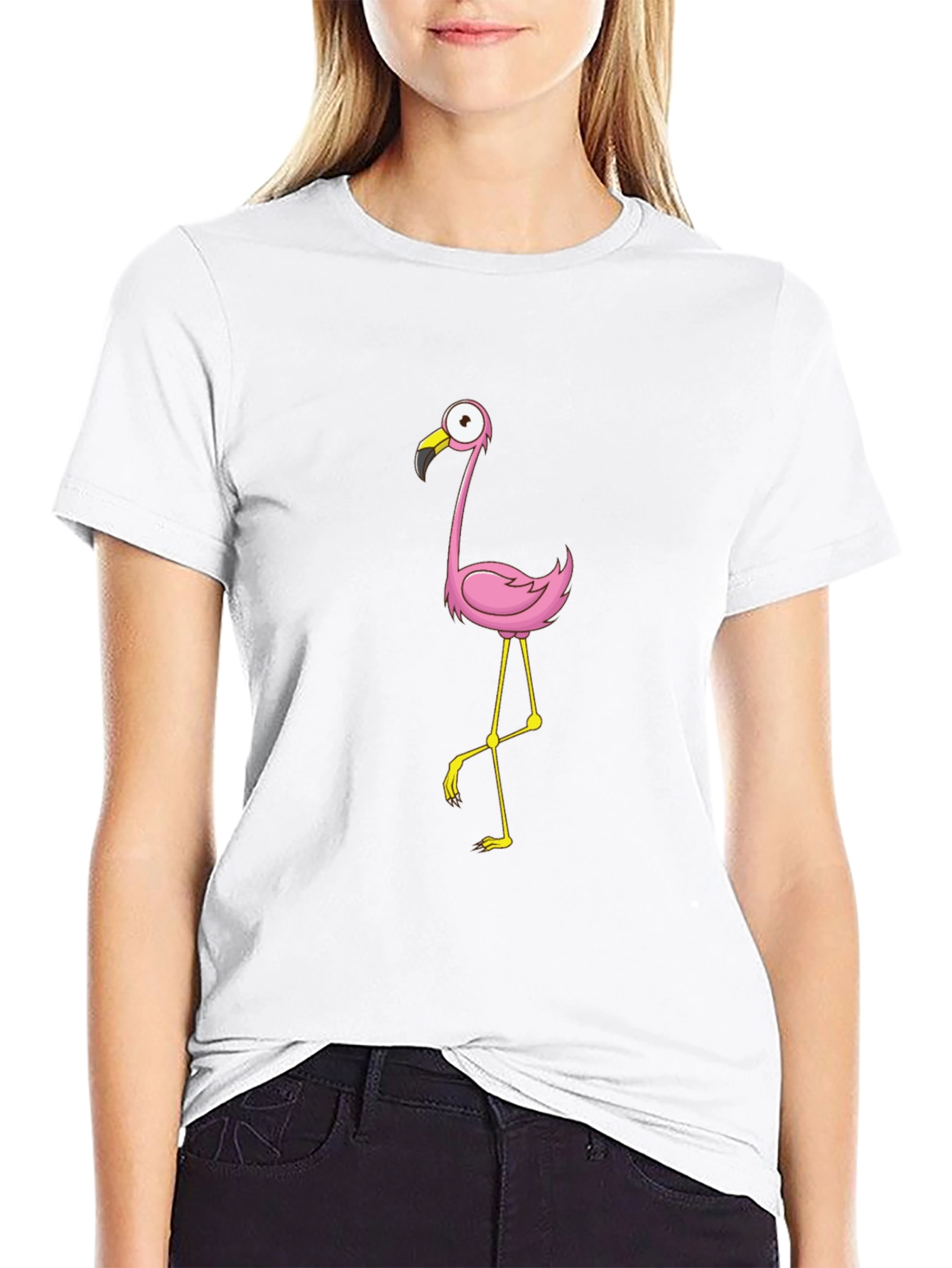 Black Tee with Cartoon Flamingo Design