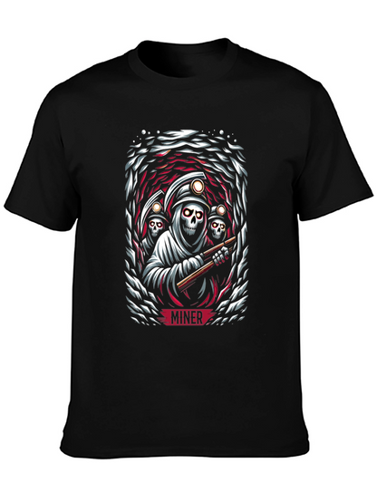 Miner Grim Reaper Graphic Print Black T-Shirt