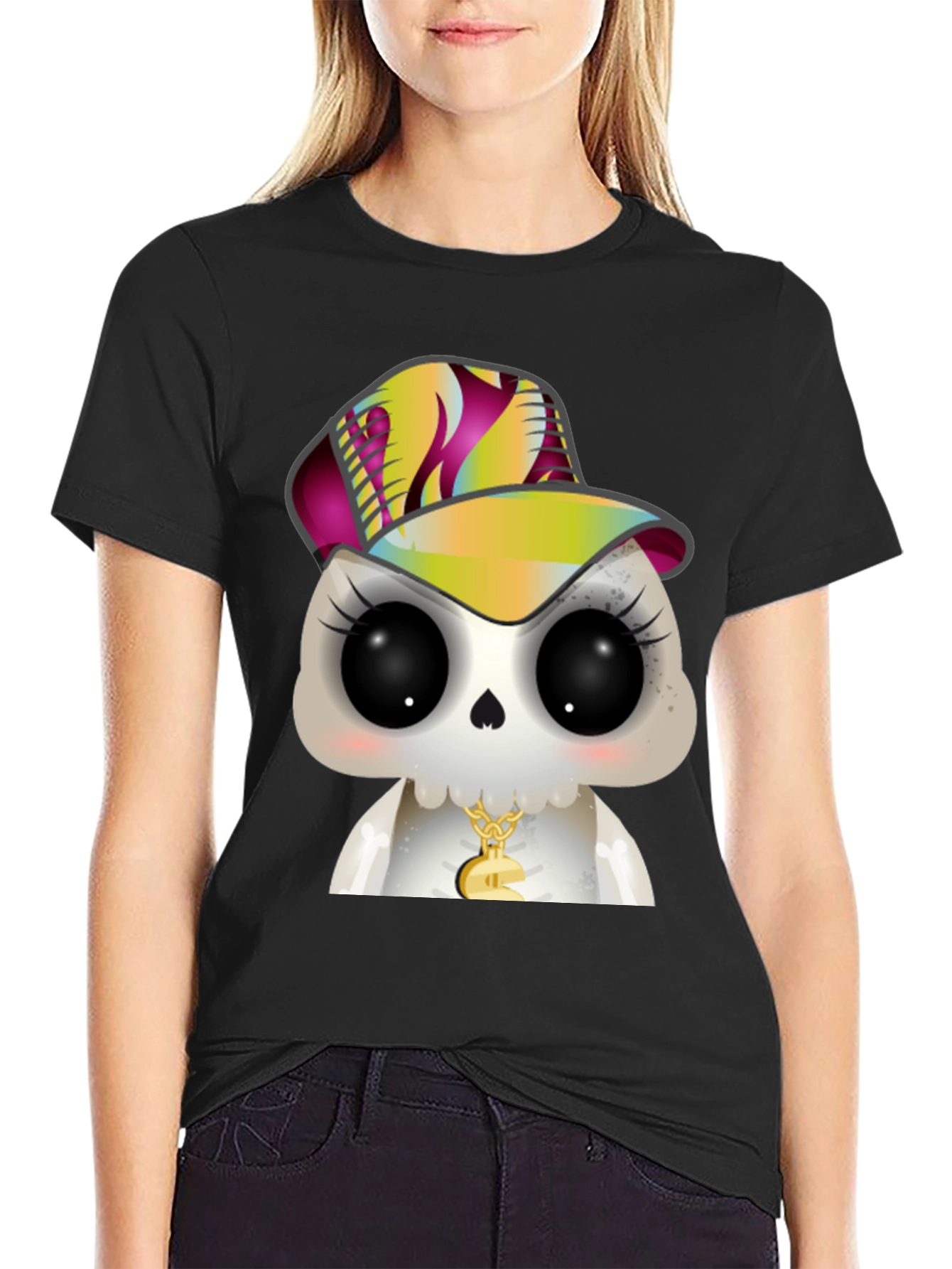 Cartoon Skull with Hat Graphic T-Shirt