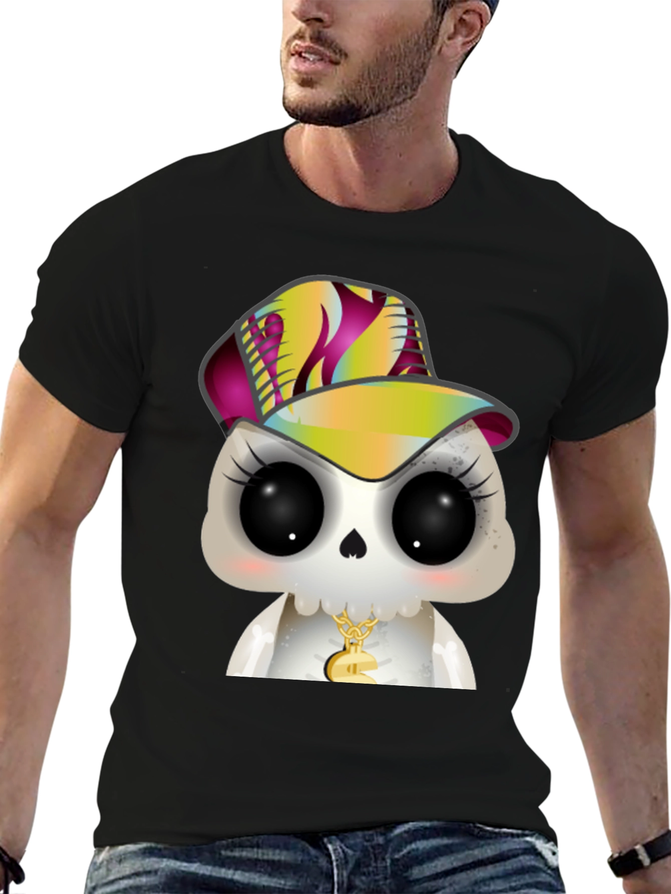 Cartoon Skull with Hat Graphic T-Shirt