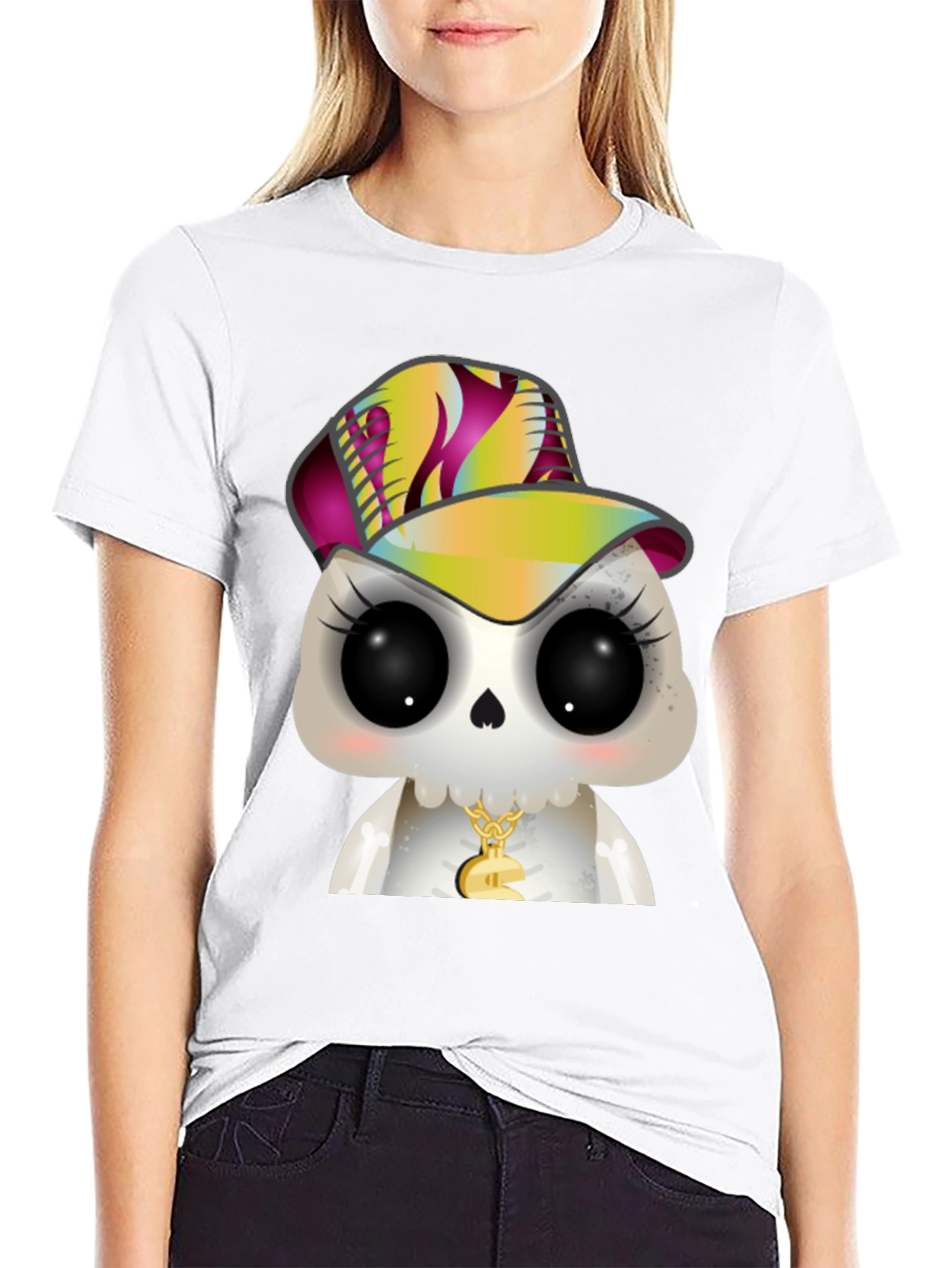 Cartoon Skull with Hat Graphic T-Shirt