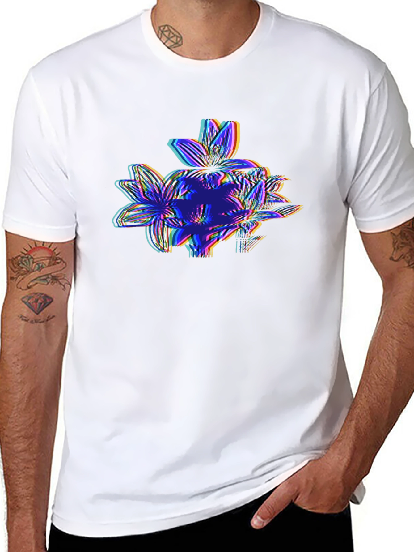 Vaporwave Floral Glitch Graphic Tee - Black
