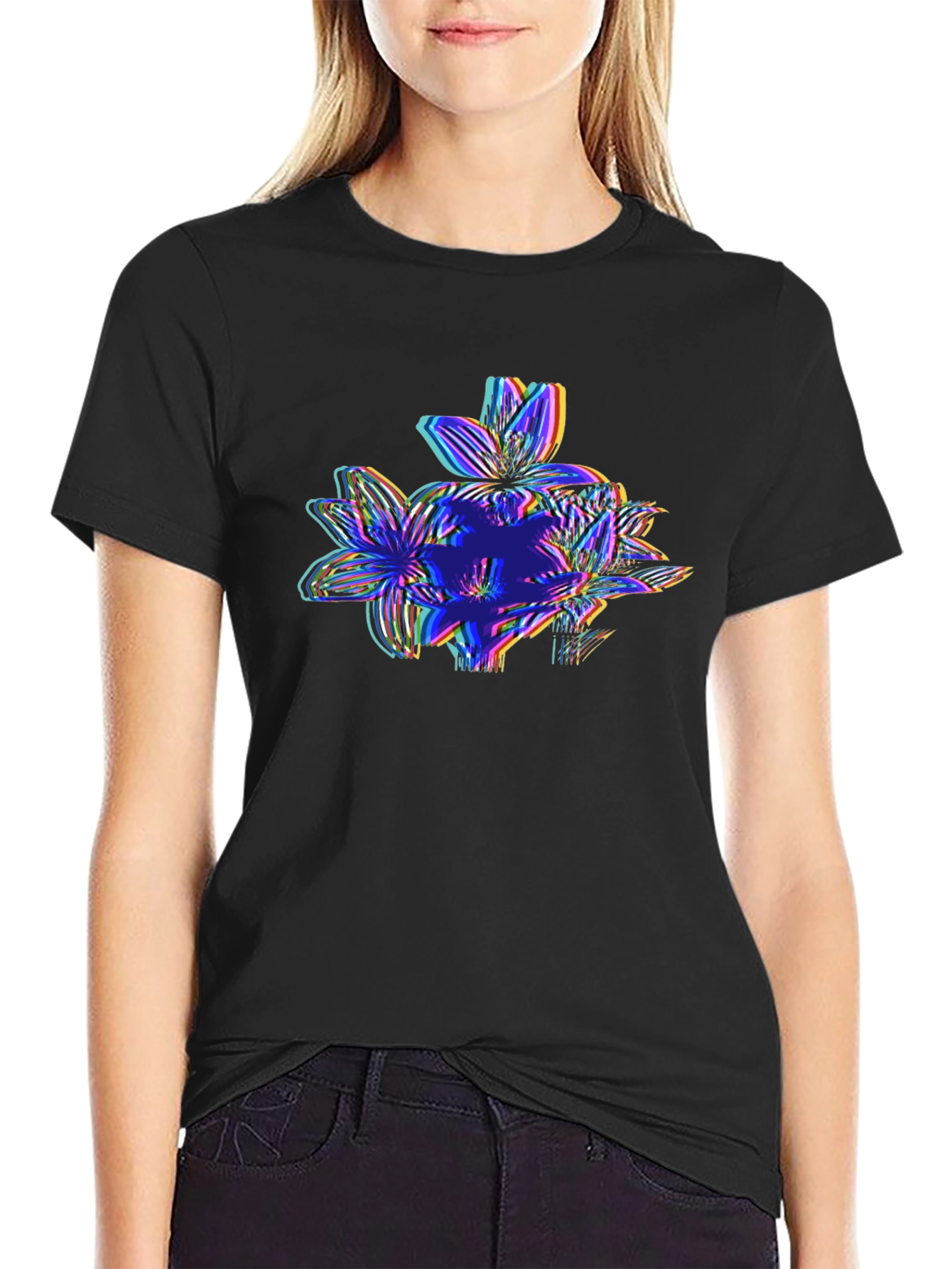 Vaporwave Floral Glitch Graphic Tee - Black