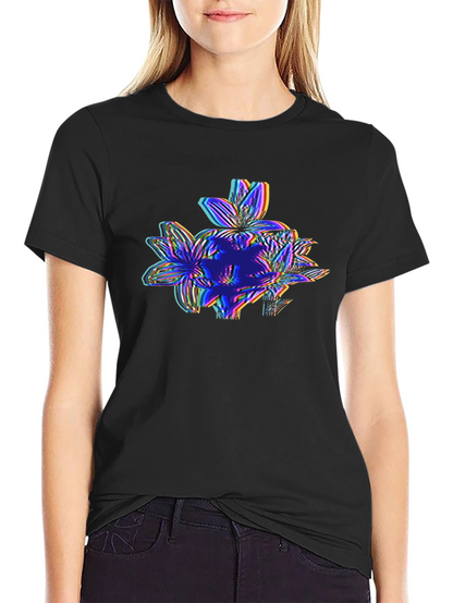 Vaporwave Floral Glitch Graphic Tee - Black