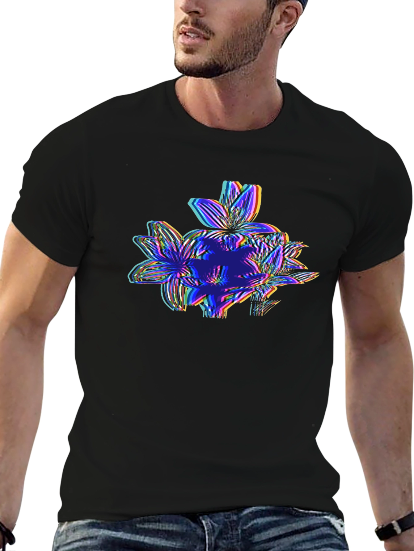 Vaporwave Floral Glitch Graphic Tee - Black