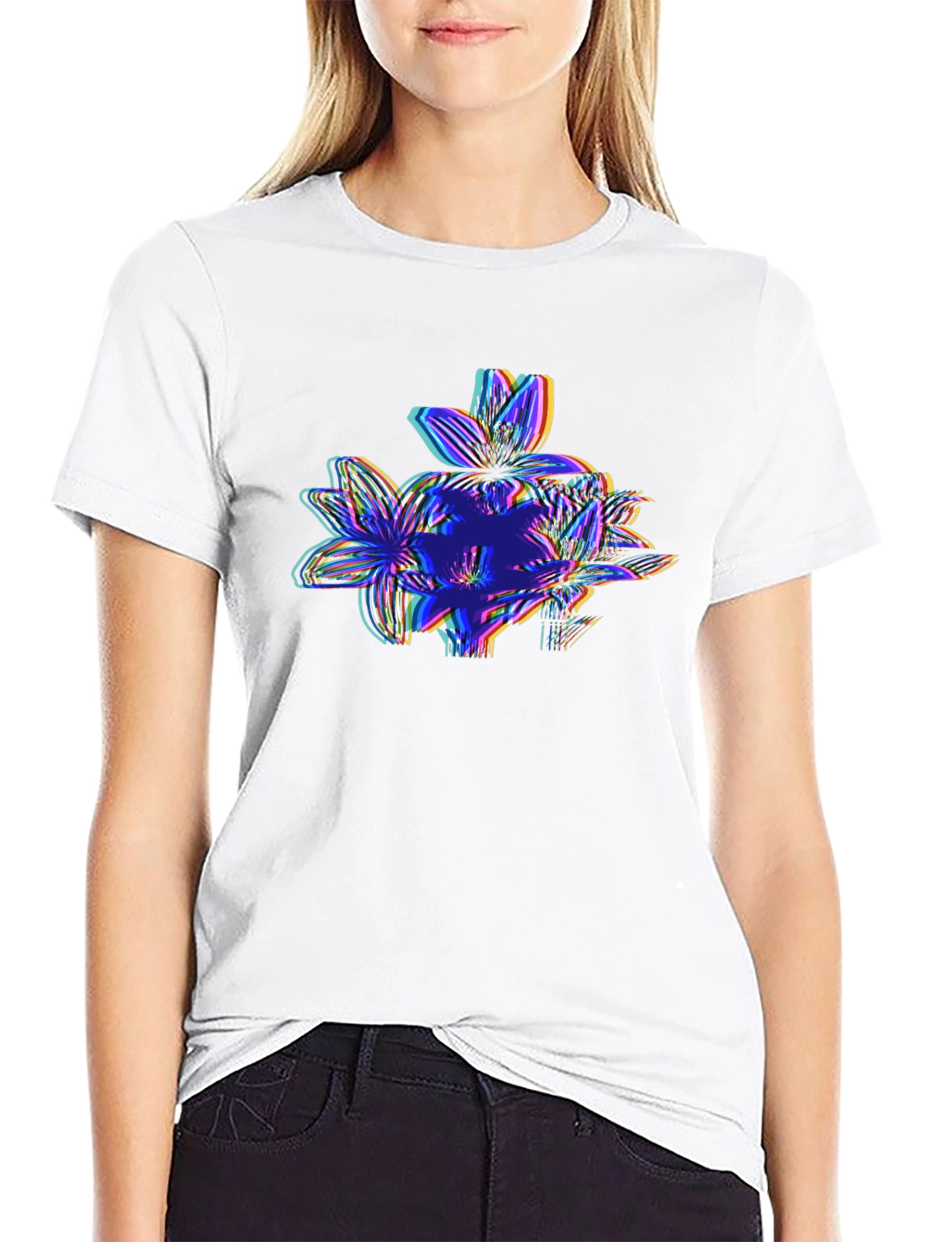 Vaporwave Floral Glitch Graphic Tee - Black