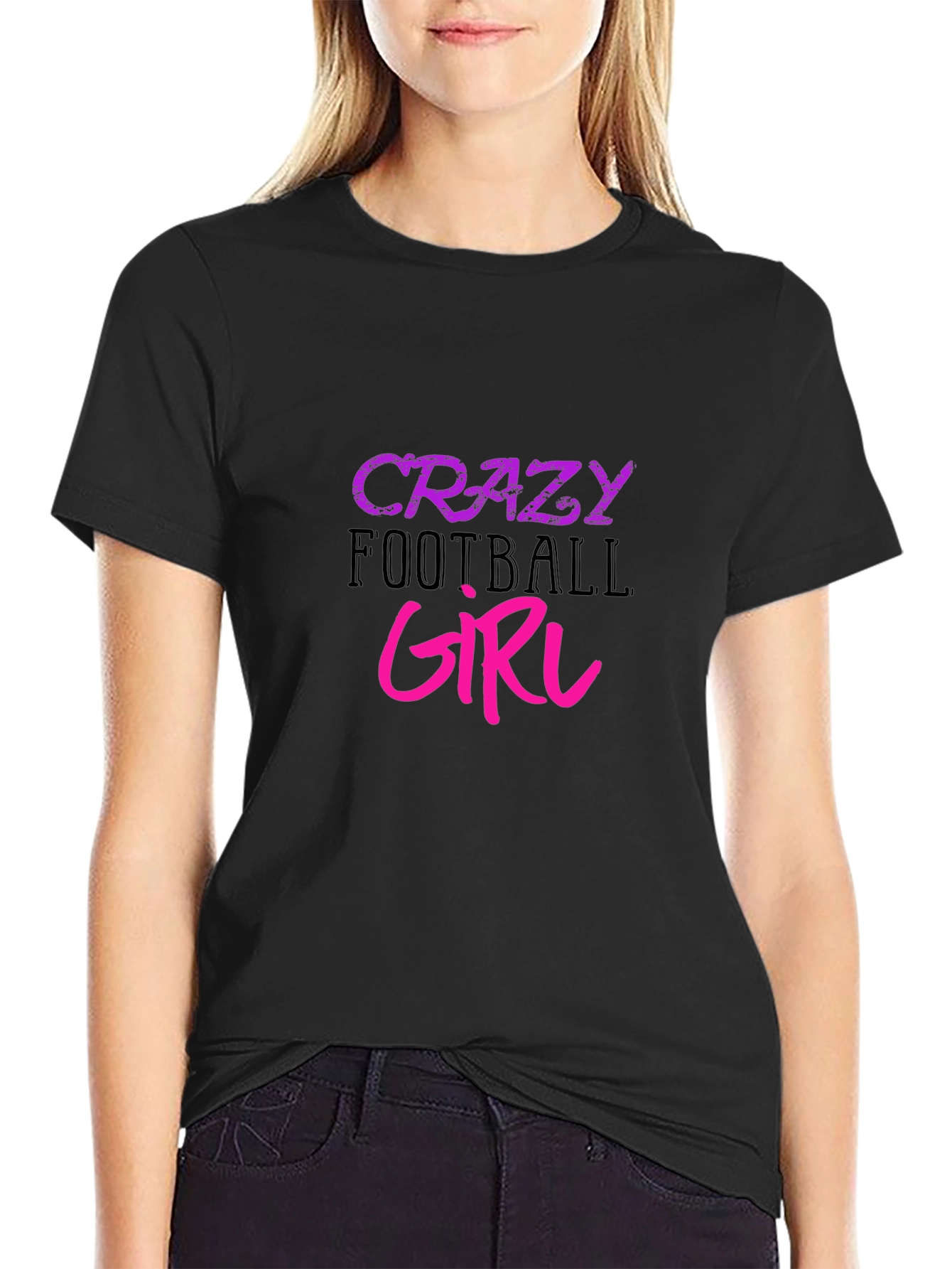 Crazy Football Girl Graphic Tee - Black Cotton T-Shirt
