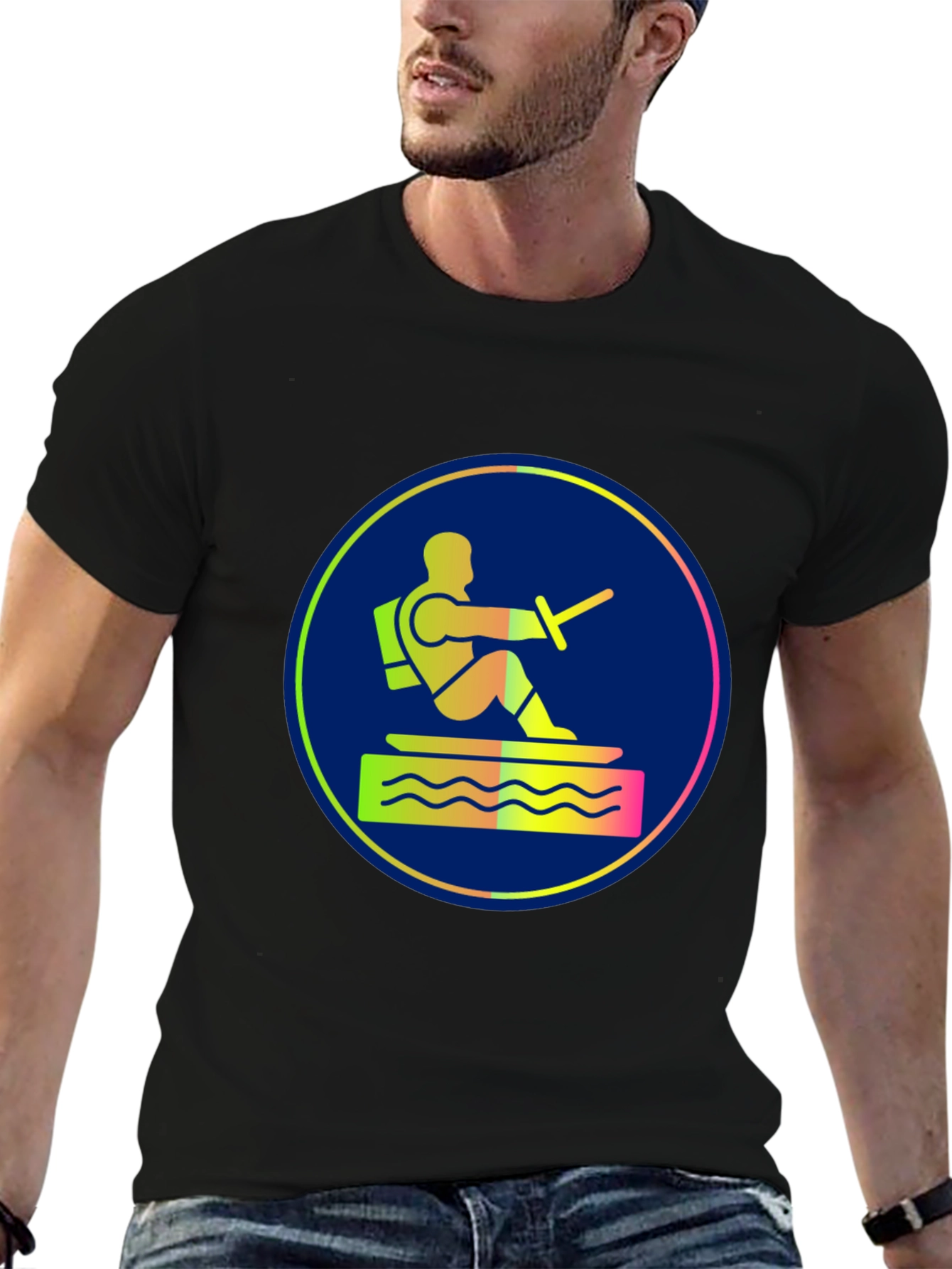 Water Ski Diver Graphic Tee - Black Cotton