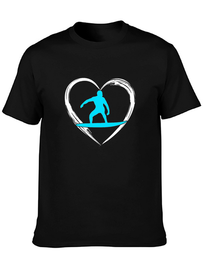 Surfer Heart Graphic Tee - Black Cotton Casual T-Shirt