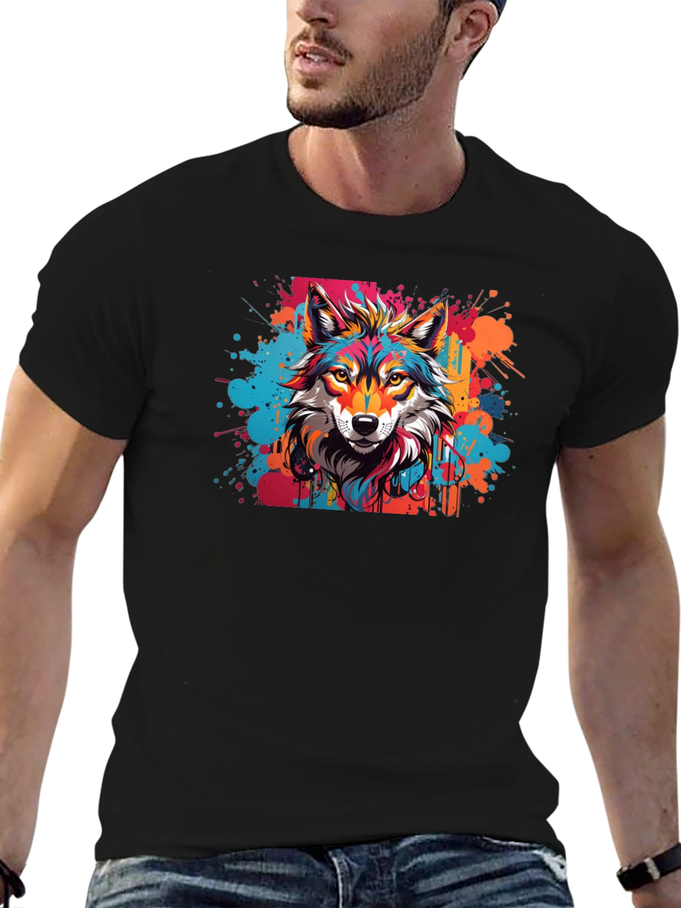 Vibrant Wolf Graphic Tee - Artistic Design