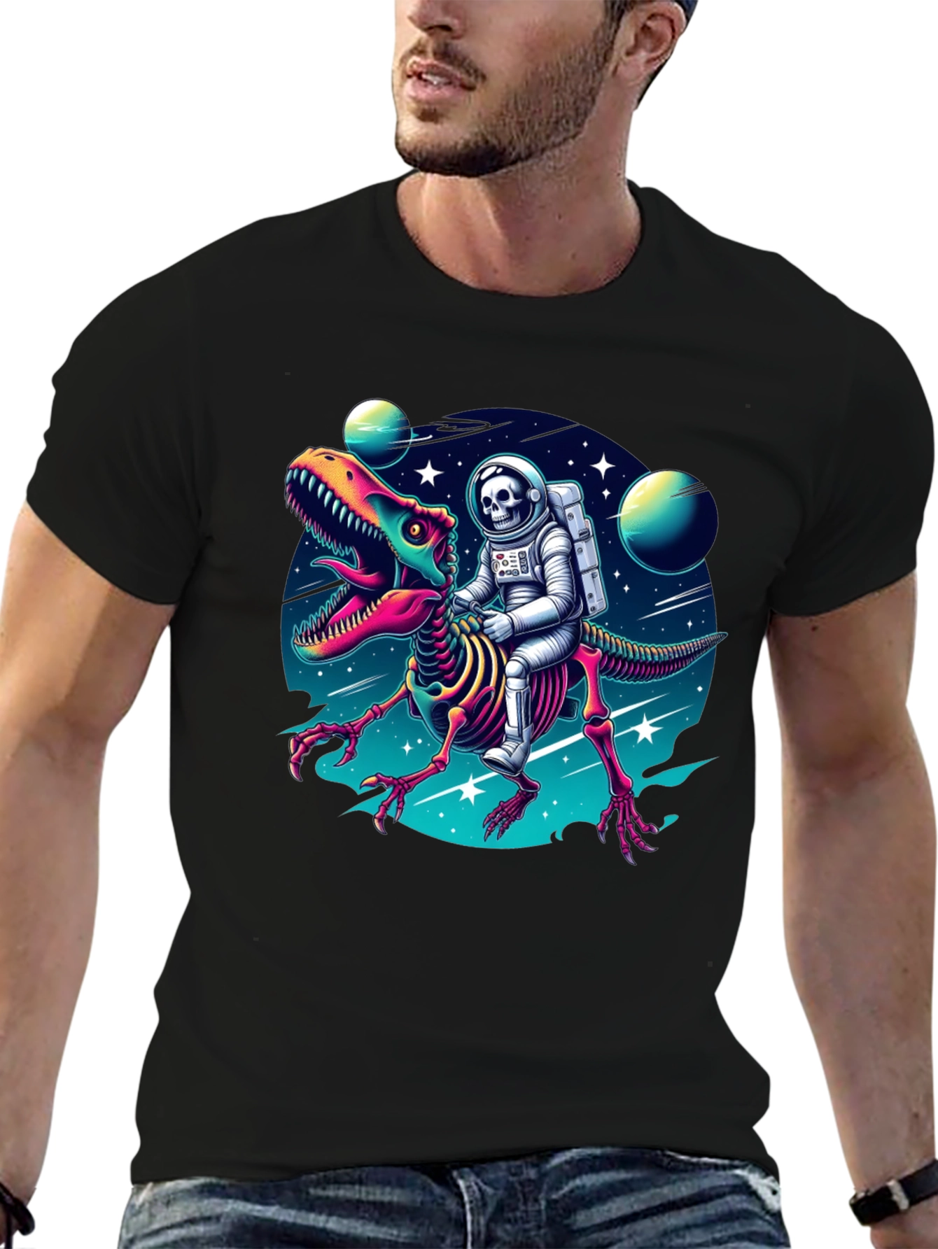 Astronaut Skeleton Riding Dinosaur Graphic Tee