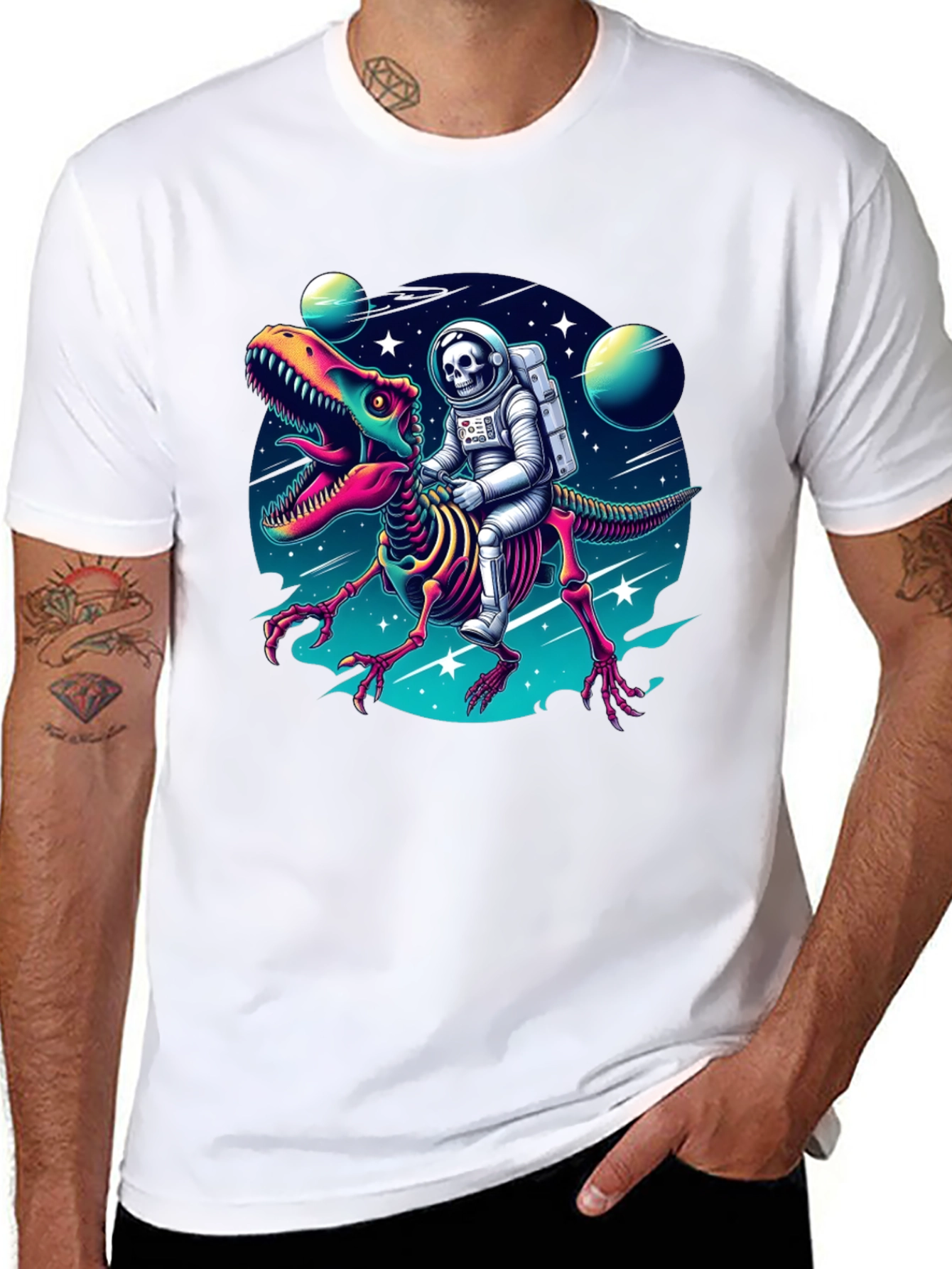 Astronaut Skeleton Riding Dinosaur Graphic Tee