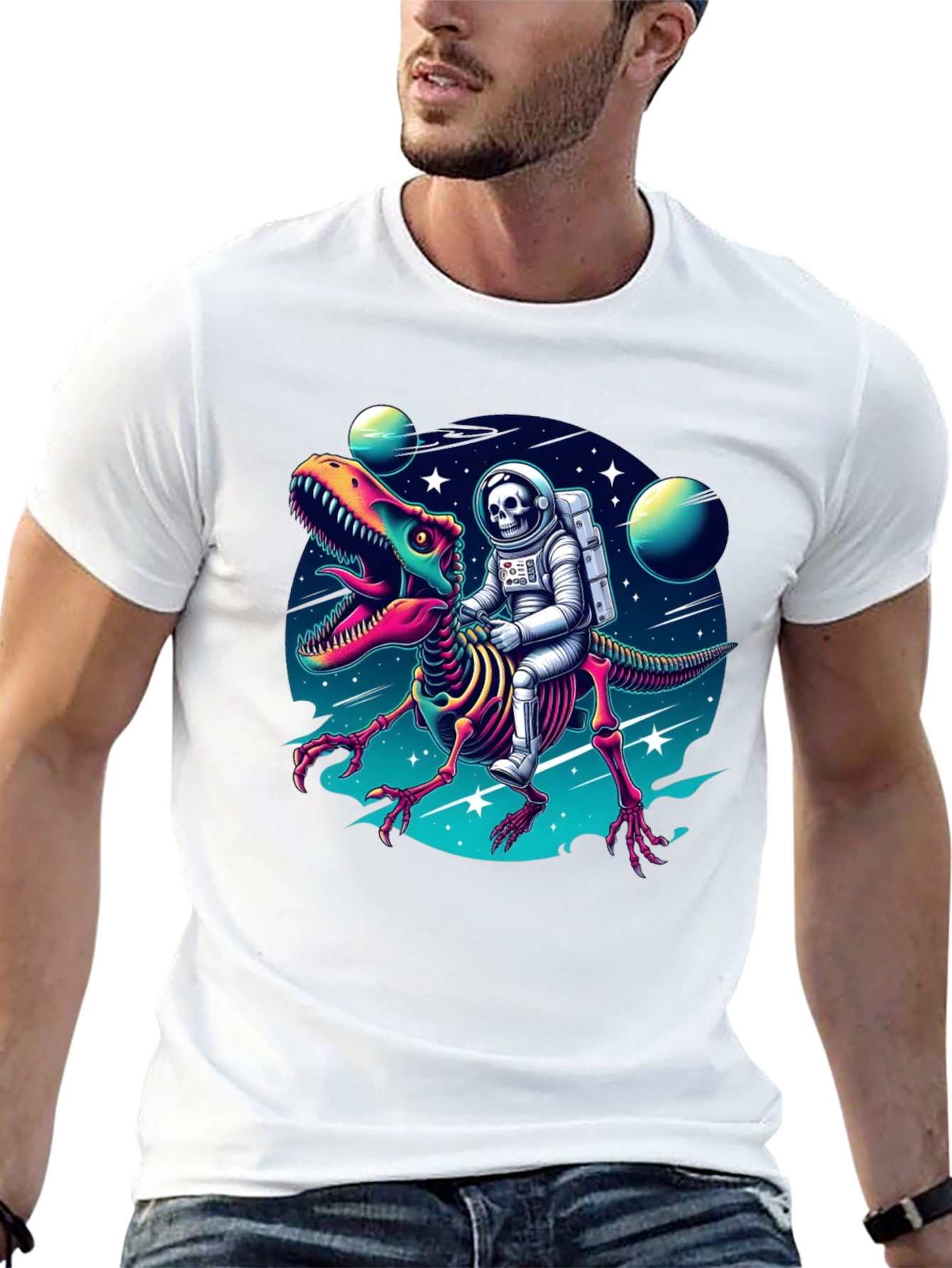 Astronaut Skeleton Riding Dinosaur Graphic Tee