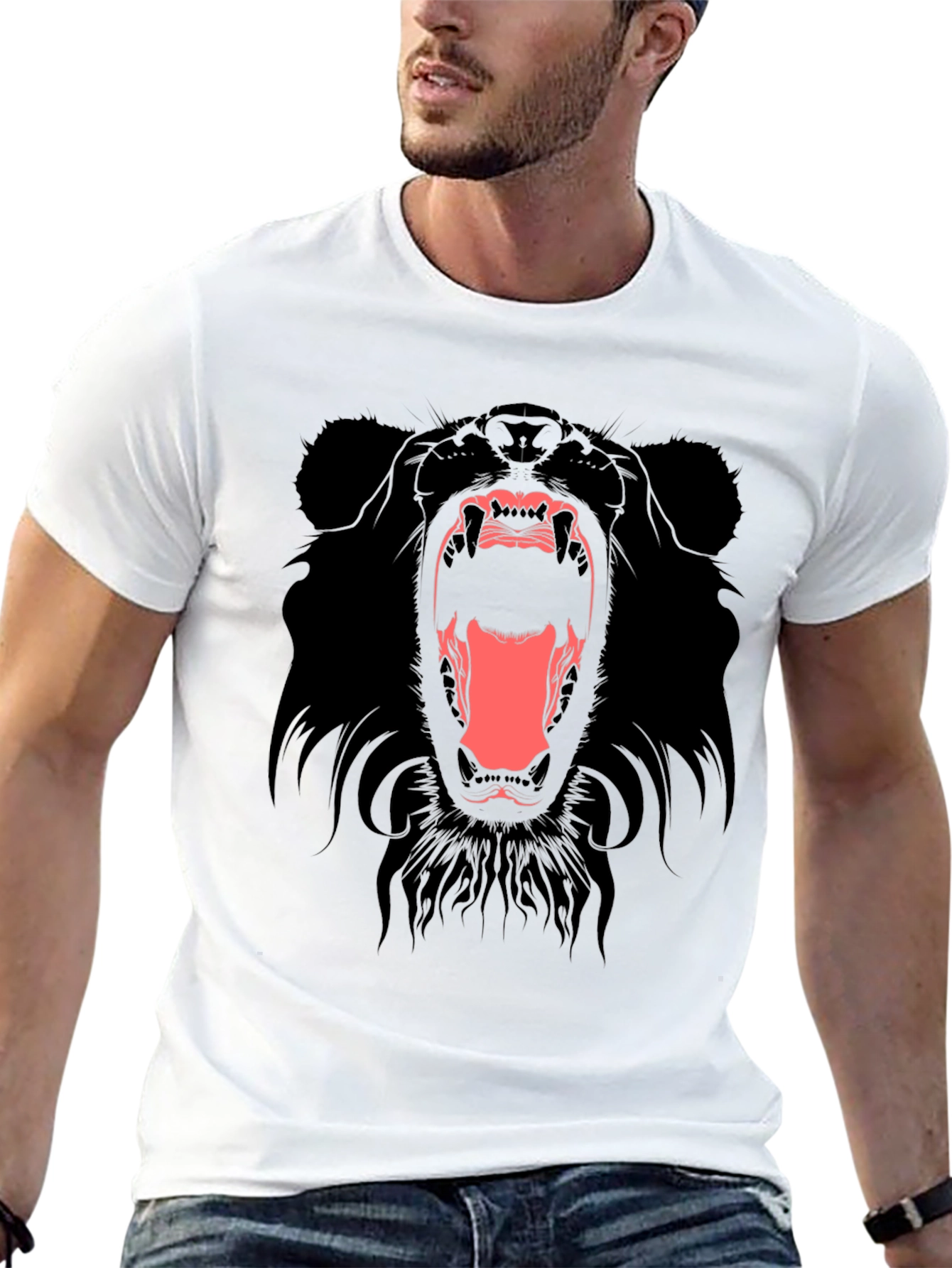 Mens Black T-Shirt with Roaring Bear Graphic