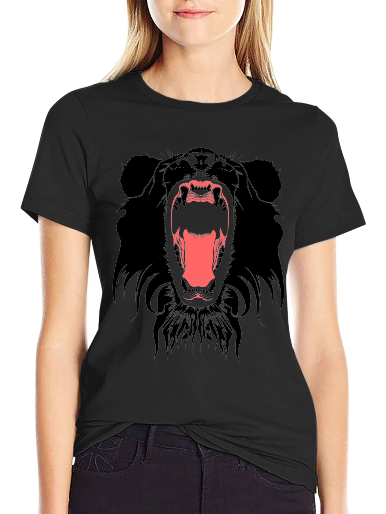 Mens Black T-Shirt with Roaring Bear Graphic