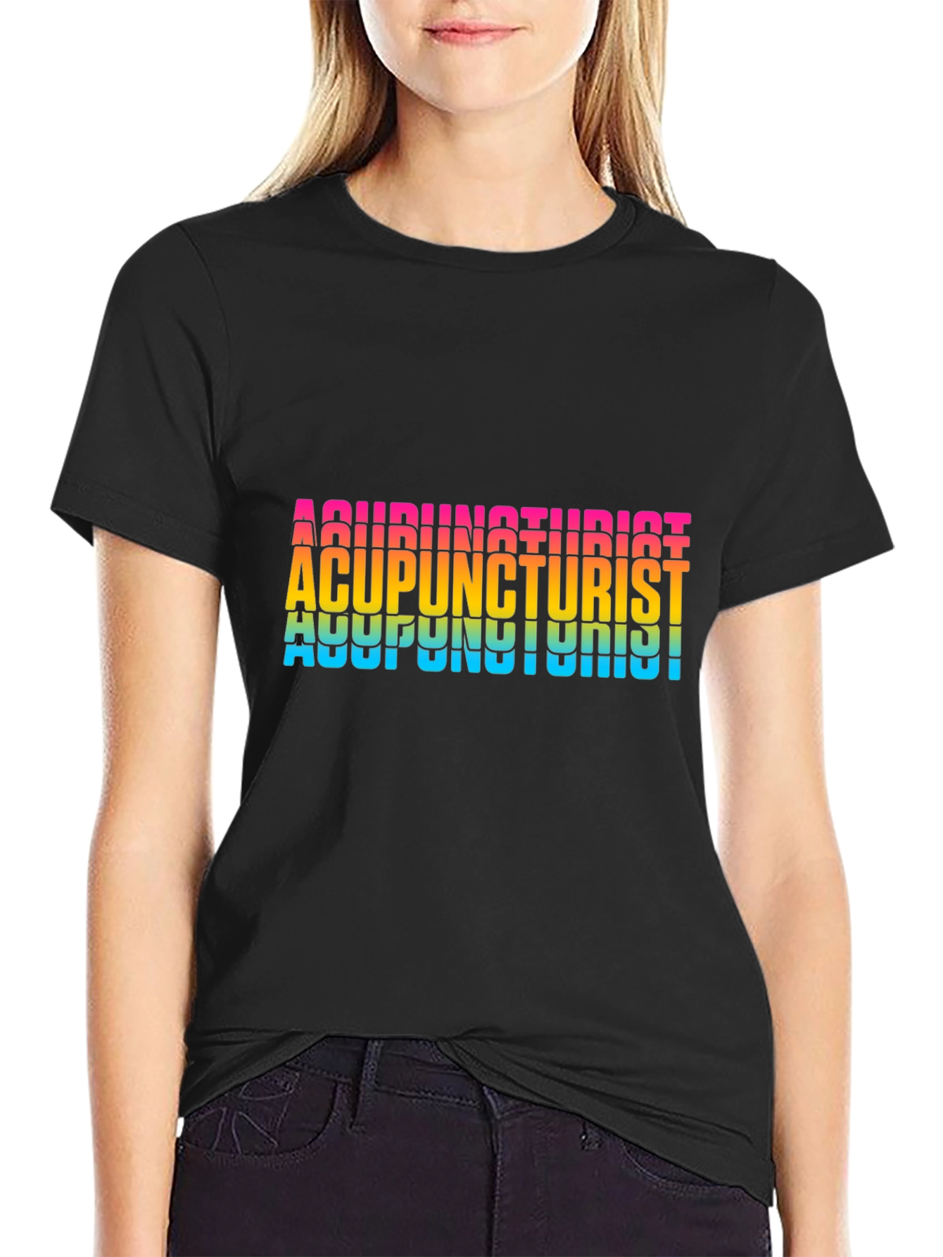 Acupuncturist Rainbow Text Black T-Shirt