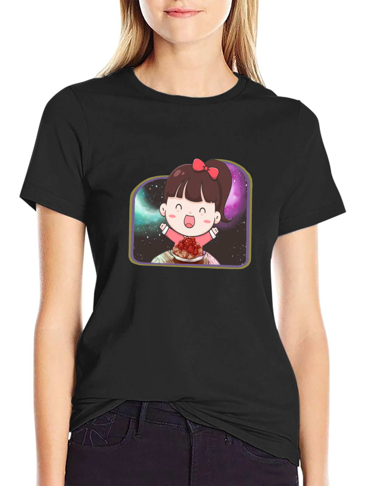 Cute Girl Spaghetti Galaxy Black T-Shirt